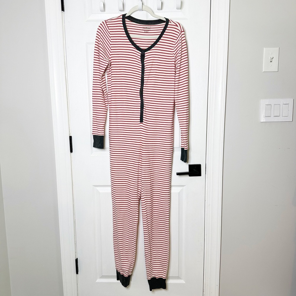 LL Bean Union Suit Womens M Red White Striped Excellent Thermal Pajamas 515071